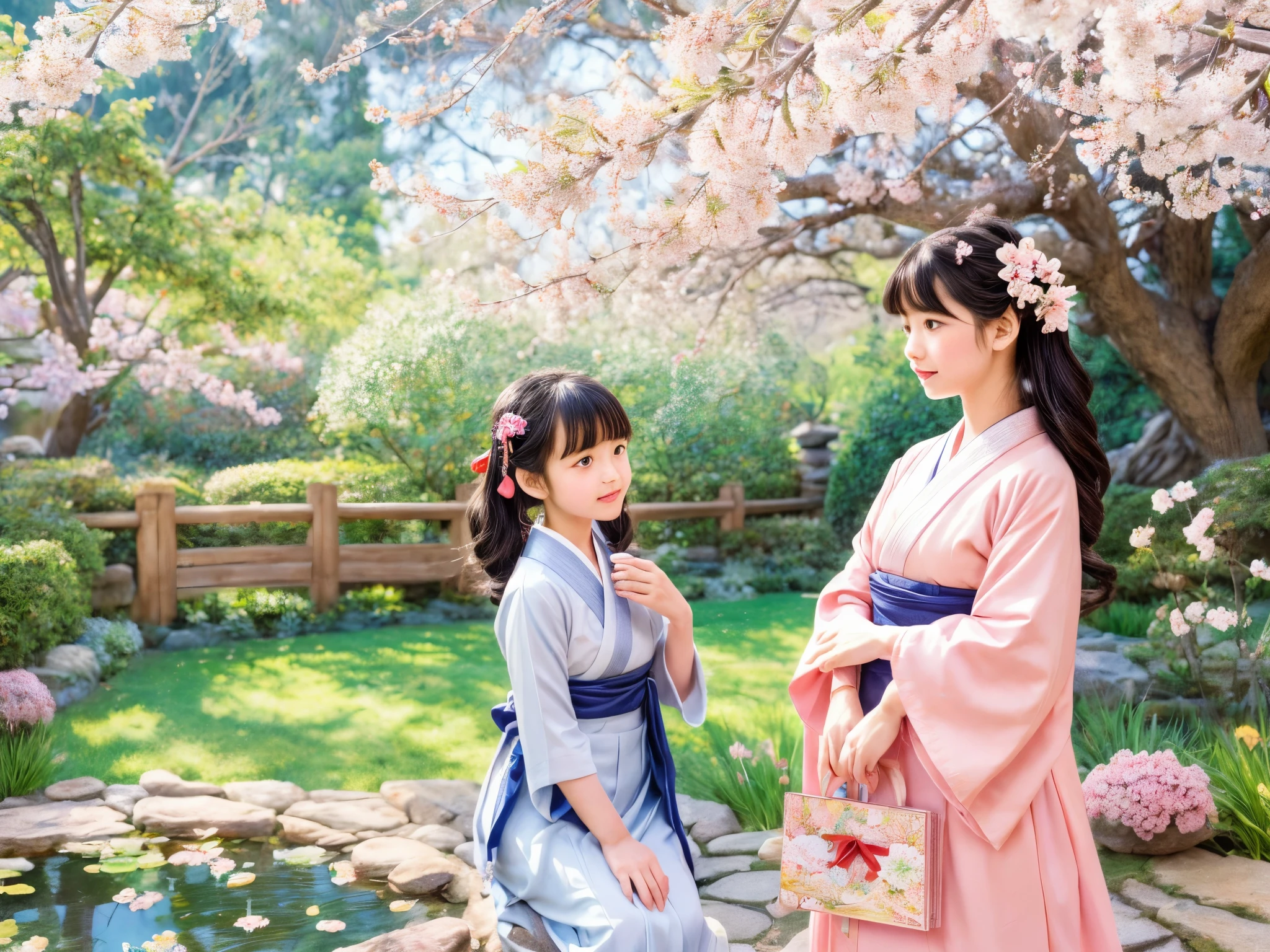 (highres:1.2),detailed eyes and lips,1girl,traditional illustration style,cute,scenic garden,traditional Japanese clothing,kimono,playing karuta,cards splashing in the air,soft lighting,delicate cherry blossoms,serene atmosphere,subtle colors,graceful posture,concentration,focus on cards,feminine,traditional hair accessories,storybook-like,harmony with nature