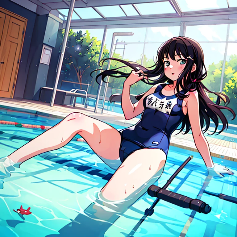 best quality, very aesthetic, Super detailed, best illustration, 1girl, おっぱい, black_hair, school swim suit