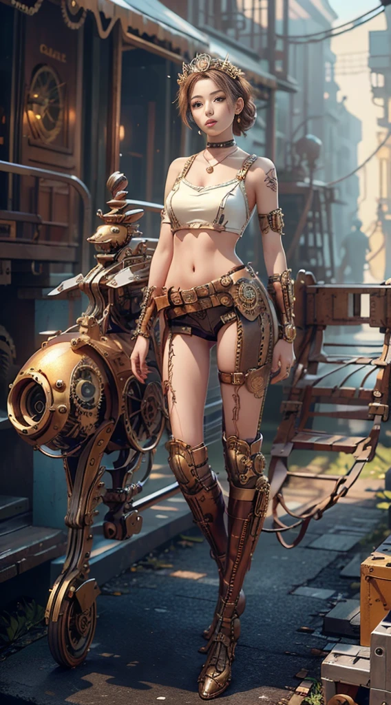 (Best Quality,4K,High resolution), 18yo woman, Red mesh hair on black hair, Long hair, Straight hair, , Comical appearance，facing the front there，android，Artificial human，droid，mechs，Mechanical parts，Mechanical arm，Representation of the human body，Repair yourself，damaged body，Realistic behavior，service，Human body and skin，Expression of regenerated realistic skin texture，Human skin regeneration，reanimation，femele，Cool Woman，long，Red-black mesh hair，sharp eye，Cold eyes，irate，glares，Injury，distressed look，Disrepaired Lab，Warehouse background，Standing figure，Delicate depiction drawn down to the smallest detail，Torn clothes with decoration，Disheveled clothes，Realistic portrayal，Vibrant colors，Battle expression，