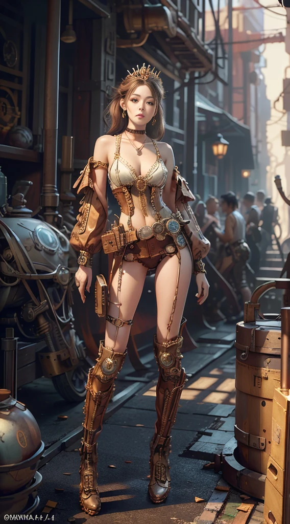 ((masterpiece:1.4)、(top quality:1.4)、(realistic:1.7))、masseter muscle fragment:1.4、(Top-of-the-line 렌더링:1.4)、(steampunk:1.4)、Very realistic portrait of Quito, The beautiful queen of the galactic frontier planet Cabal、Super beautiful girl queen、((1 girl:1.4))、Glowing, natural skin texture、(steampunk 의상:1.4)、Glossy red latex bikini:1.4、leather belt at waist:1.4、(Clothes that emphasize beautiful milk:1.4)、Age 19、(Cute tattoos:1.4)、(perfect female body:1.4)、perfect proportions:1.4、portrait of a girl、(standing:1.4)、(full body photo:1.4)、fantasy art、soft front lighting、beautiful face、beautiful tits、big bust:1.2、sexy ass、eye for detail、Beautiful and attractive eyes、beautiful eyes、small waist、beautiful bridge、RAW photos、red lips、红色高跟鞋、(tiara:1.4、choker:1.4、necklace:1.4、earring:1.4)、1 Screen display、steampunk 궁전에 서있는 매우 아름다운 여왕