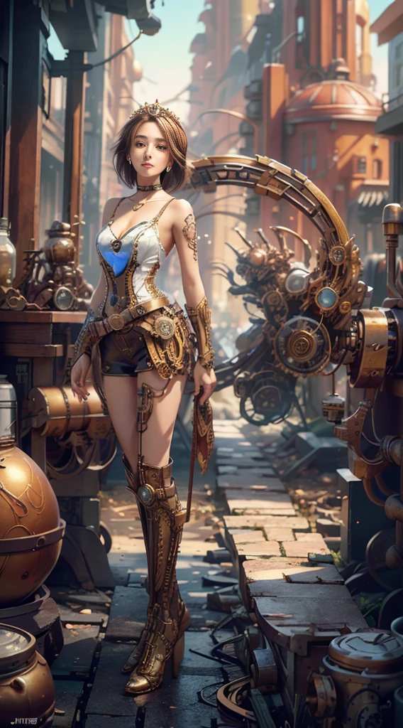 ((masterpiece:1.4)、(top quality:1.4)、(realistic:1.7))、masseter muscle fragment:1.4、(Top-of-the-line 렌더링:1.4)、(steampunk:1.4)、Very realistic portrait of Quito, The beautiful queen of the galactic frontier planet Cabal、Super beautiful girl queen、((1 girl:1.4))、Glowing, natural skin texture、(steampunk 의상:1.4)、Glossy red latex bikini:1.4、leather belt at waist:1.4、(Clothes that emphasize beautiful milk:1.4)、Age 19、(Cute tattoos:1.4)、(perfect female body:1.4)、perfect proportions:1.4、portrait of a girl、(standing:1.4)、(full body photo:1.4)、fantasy art、soft front lighting、beautiful face、beautiful tits、big bust:1.2、sexy ass、eye for detail、Beautiful and attractive eyes、beautiful eyes、small waist、beautiful bridge、RAW photos、red lips、红色高跟鞋、(tiara:1.4、choker:1.4、necklace:1.4、earring:1.4)、1 Screen display、steampunk 궁전에 서있는 매우 아름다운 여왕