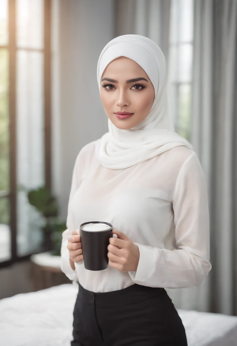 full body photo of a beautiful woman, 29 years old, originally from Indonesia wearing a long stylish white hijab and black trousers, detailed face, perfectly proportional body. standing pose facing the window, shady face, holding a coffee cup, white room and bed background, hyperrealistic, photorealistic, photography, Full HD 8K