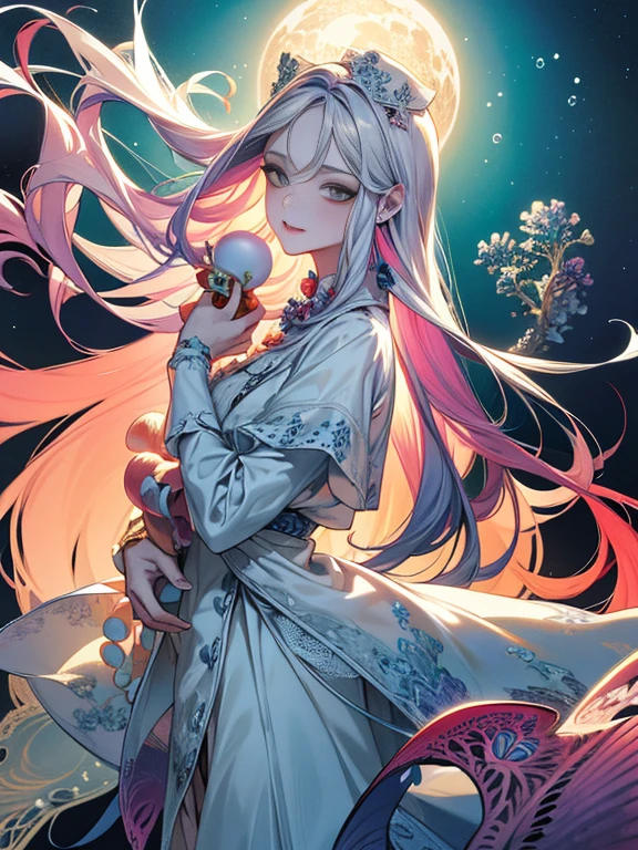 (masterpiece, Highest quality, Dutch Angle、Semi-Realistic、Fantasy)(One girl, alone)(White and beautiful hair,Red eyes,Straight Long Hair)(sarashi,kimono,One Shoulder、Haori、One shoulder exposed)(Serious expression、Floating Hair)(Cherry tree、dead tree、Mystical Night、Particles of light float around the woman、Space for fantasy)