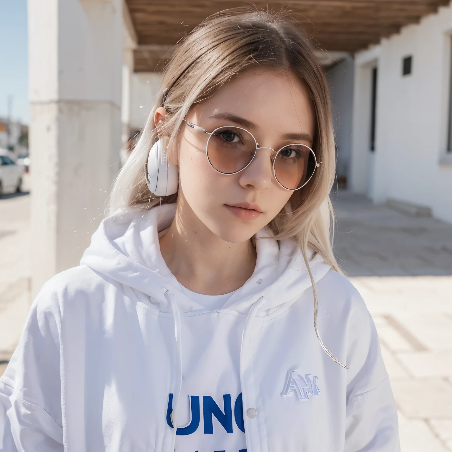 una chica animada blanca con pelo blanco lentes blancos, white headphones, una chaqueta roja y azul abierta, un top blanco adentro, y un rostro ligeramente sonrojado con pelo largo.