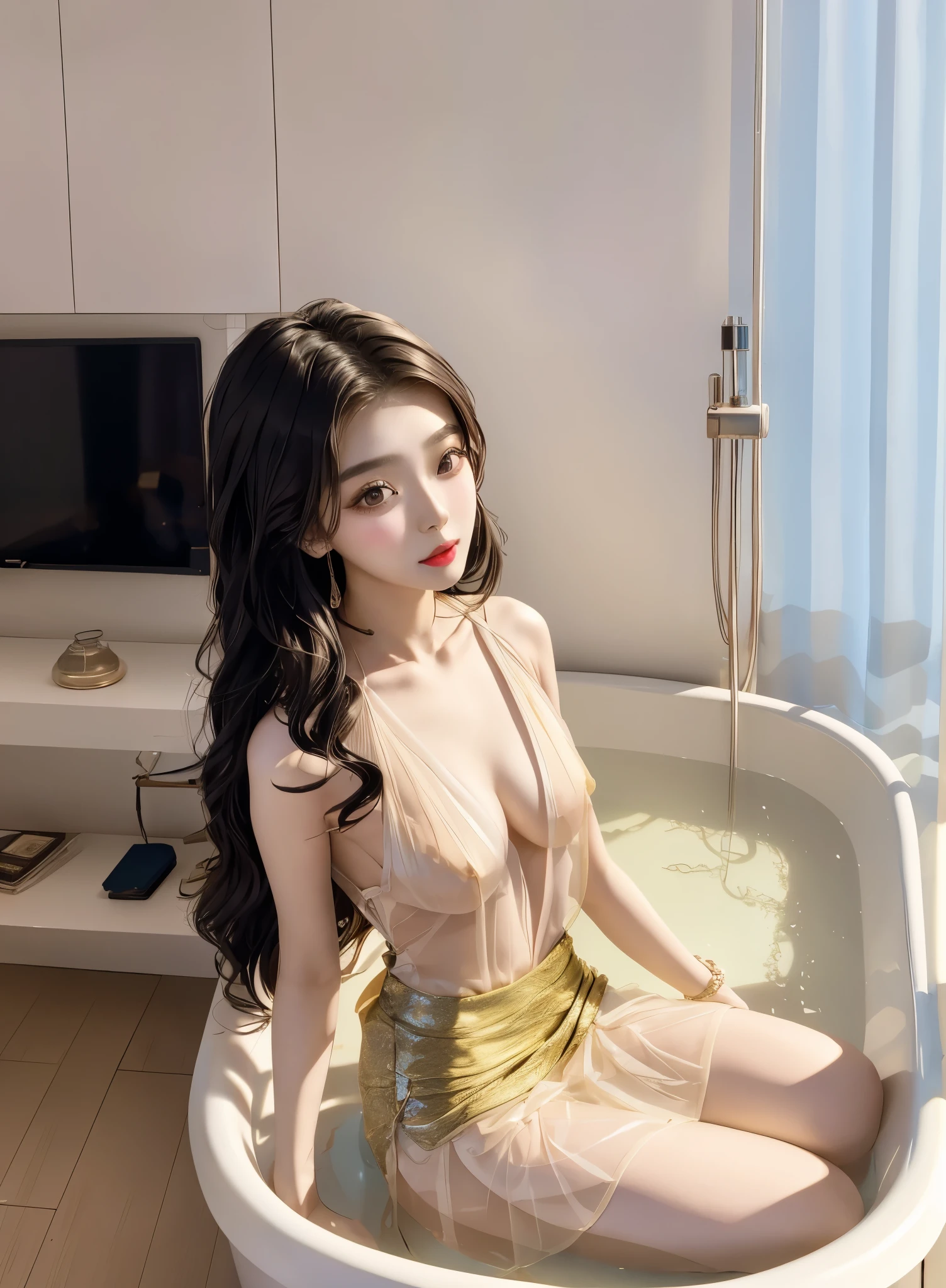 Asian woman wearing skirt posing in bathtub, Gorgeous Chinese model, wenfei ye, translucent dress, beautiful korean woman, 28 years old, xintong chen, Beautiful young Korean woman, sexy dress, 27 years old, 29 years old, full body xianxia, sha xi, chengyou liu, Beautiful young Korean woman