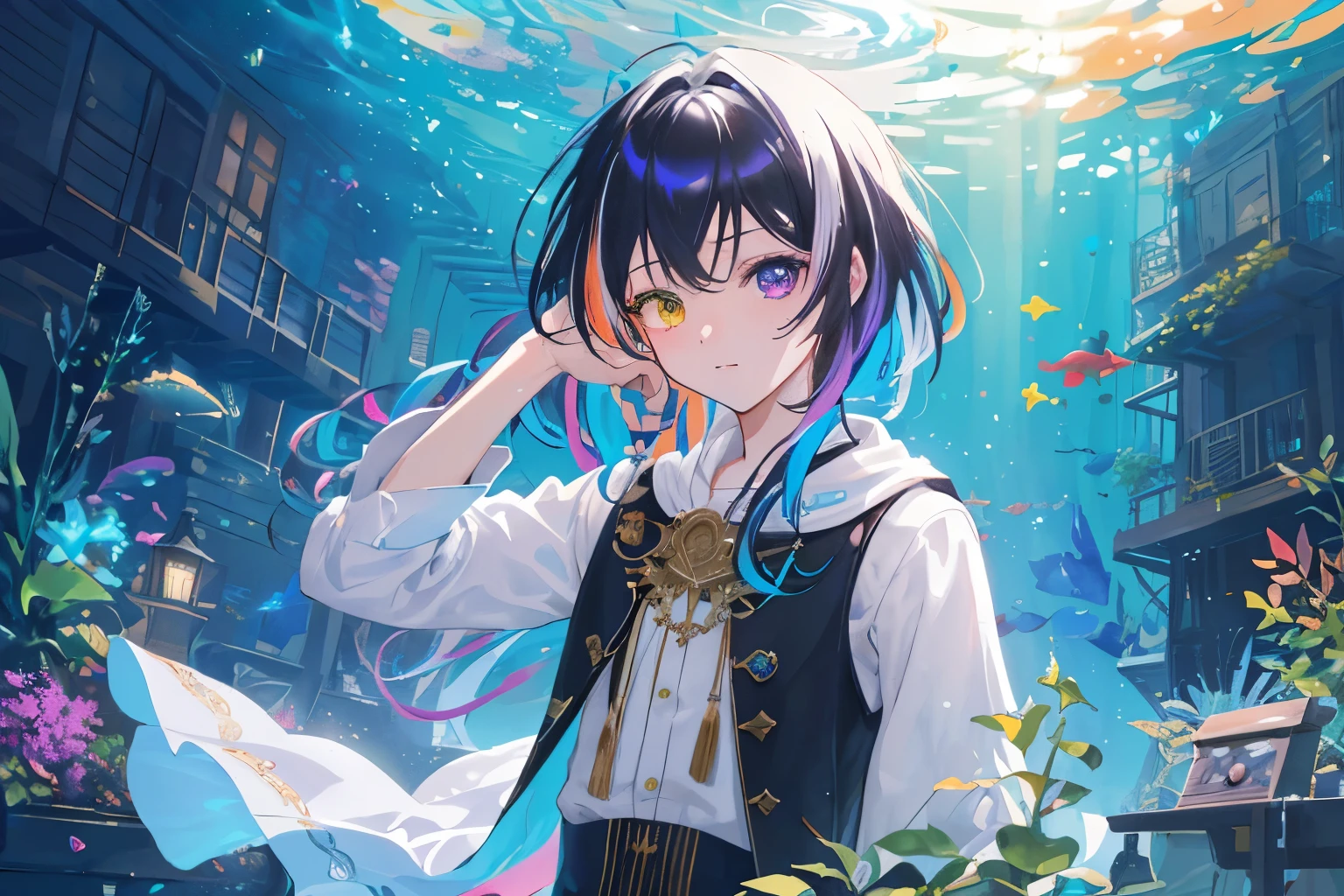 {{masutepiece}}, Best Quality, the Extremely Detailed CG Unity 8K Wallpapers, Cinematic lighting, Lens Flare, Beautiful detail eyes, Black, side glance, Multicolor Hair, Colorful light, Particle, Heterochromia, (Colorful:1.5), (Colorful hair:1.5), Generate a high-quality illustration of a boy or girl discovering treasure on the ocean floor. Craft a masterpiece with meticulous attention to detail, capturing the overall nostalgic and fantastical ambiance of the scene. Emphasize the sense of wonder and excitement as the young character stumbles upon the hidden underwater treasure. Aim for the best possible quality, delivering a visually enchanting and emotionally resonant composition best quality, masterpiece