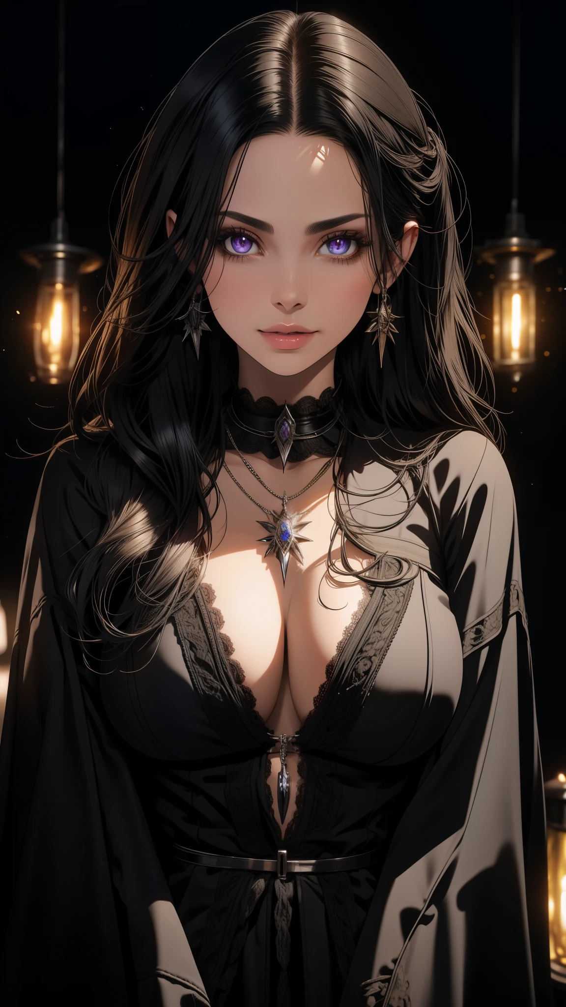 yennefer the witcher, cleavage, natural perfect breast, purple sparkle eyes,,, black hair, dark fantasy magic, closeup portrait,,,, upper body, ((detailed skin texture extreme details)), (ultra sharp:1.2)
