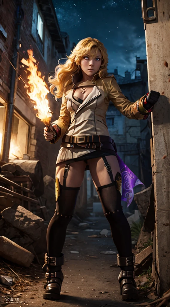 masterpiece,best quality,CG,wallpaper,HDR,high quality,high-definition,extremely detailed,(1girl), Yang Xiao Long, red eyes, absurdly long hair, large breasts, (yanghntr), jacket, thighhighs, garter straps, ahoge, belt, boots, black skirt, night, angry, gauntlets, ((glowing eyes)), standing, purple