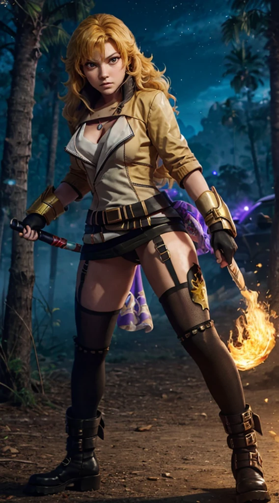 masterpiece,best quality,CG,wallpaper,HDR,high quality,high-definition,extremely detailed,(1girl), Yang Xiao Long, red eyes, absurdly long hair, large breasts, (yanghntr), jacket, thighhighs, garter straps, ahoge, belt, boots, black skirt, night, angry, gauntlets, ((glowing eyes)), standing, purple