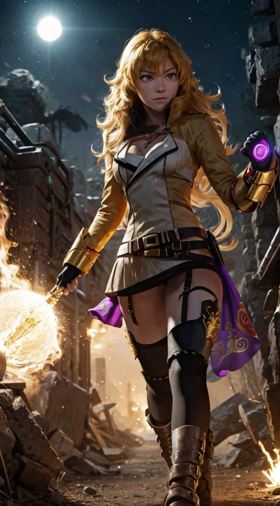 masterpiece,best quality,CG,wallpaper,HDR,high quality,high-definition,extremely detailed,(1girl), Yang Xiao Long, red eyes, absurdly long hair, large breasts, (yanghntr), jacket, thighhighs, garter straps, ahoge, belt, boots, black skirt, night, angry, gauntlets, ((glowing eyes)), standing, purple