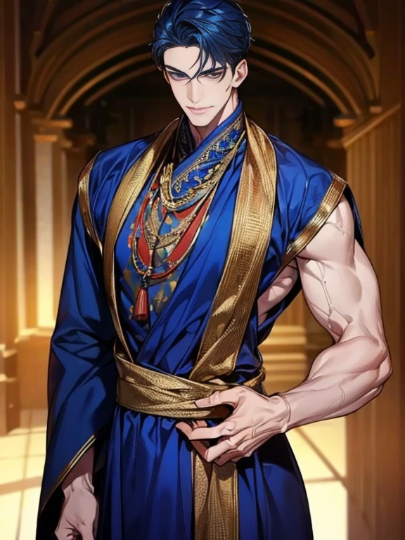 ((muste piece)), ((best quality)), ((brown skin)), ((dark blue eyes)), ((Dark blue hair))、handsome man , ((short hair)), masculine、tall、sexy、Adult man、Three white eyes、handsome man、firmly、muscular、broad shoulders、smile、wild、とてもwild、(((long gown))、 (highest quality), very detailed, focus only，perfect face, very detailed顔