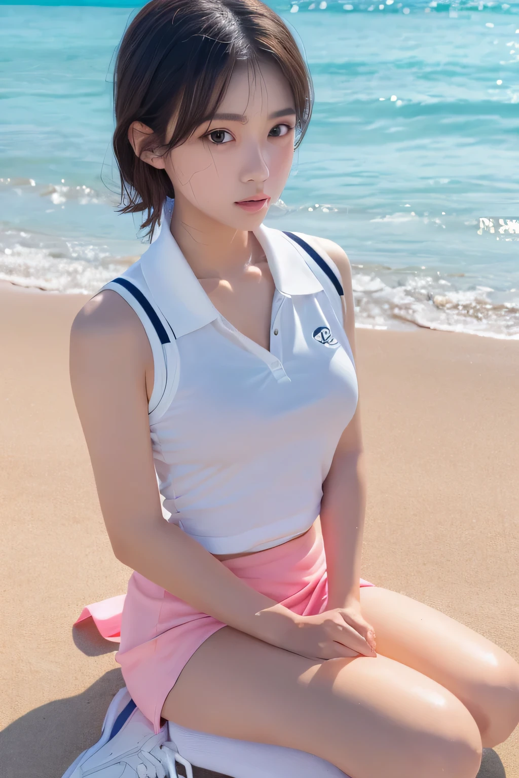 1 girl, alone, White polo shirt, white sneakers, Pink tennis suit: 1.3, white miniskirt, masterpiece, top quality, actual, Ultra-detailed, (shiny skin, sweaty: 1.4), absurd, camera stare, short black hair, brown eyes, thin and long, dynamic lighting, high resolution, sharp focus, depth of field, delicate eyes, sharp vision, actual eyes, (big deal: 1.2), (Thick thighs: 1.0), outdoor, Sky, korean idol, nogizaka idol, idol carving, actor,sentado na praia