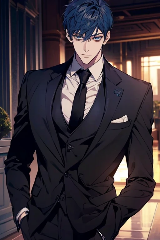 ((muste piece)), ((best quality)), ((brown skin)), ((dark blue eyes)), ((Dark blue hair))、handsome man , masculine、tall、sexy、Adult man、Three white eyes、handsome man、firmly、muscular、broad shoulders、smile、wild、とてもwild、(((black suit))、 (highest quality), very detailed, focus only， very detailed顔，Daiki Aomine