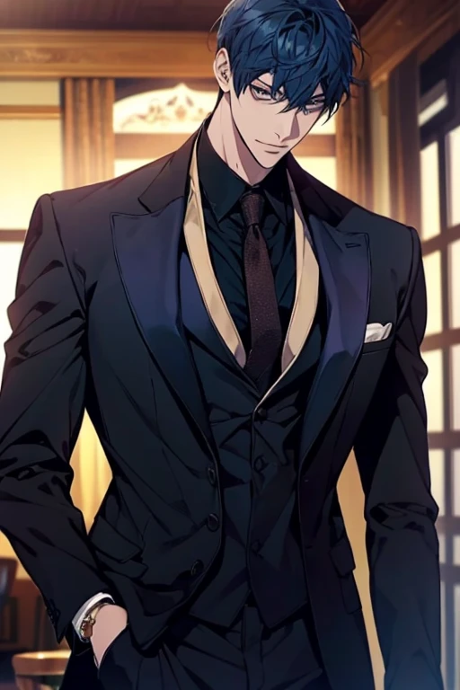 ((muste piece)), ((best quality)), ((brown skin)), ((dark blue eyes)), ((Dark blue hair))、handsome man , masculine、tall、sexy、Adult man、Three white eyes、handsome man、firmly、muscular、broad shoulders、smile、wild、とてもwild、(((black suit))、 (highest quality), very detailed, focus only, very detailed顔,Daiki Aomine