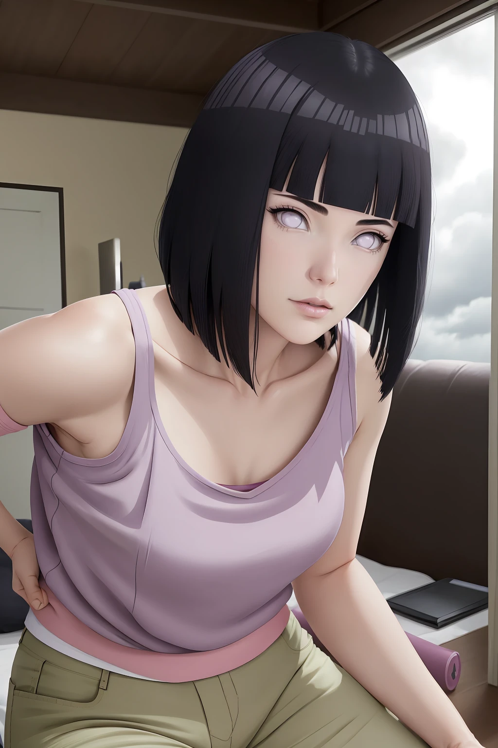 master part, absurdos, Hinata\(Boruto\), 1girl, sozinho,Mature female, Capuz roxo,mangas em camadas, brown pants, ao ar livre, Cloudy sky, perfect composition, circunstanciado lips, peito grande, beautiful face, body propotion, corar, (pink lips), cabelos pretos curtos, lilac eyes, olhar suave, super realistic, circunstanciado, Photo Session, rosto e corpo realistas, Realistic hair, olhos realistas, nariz realista, realistic lips, brown pants, anime, andando sob as petalas de flores, lilac sneakers