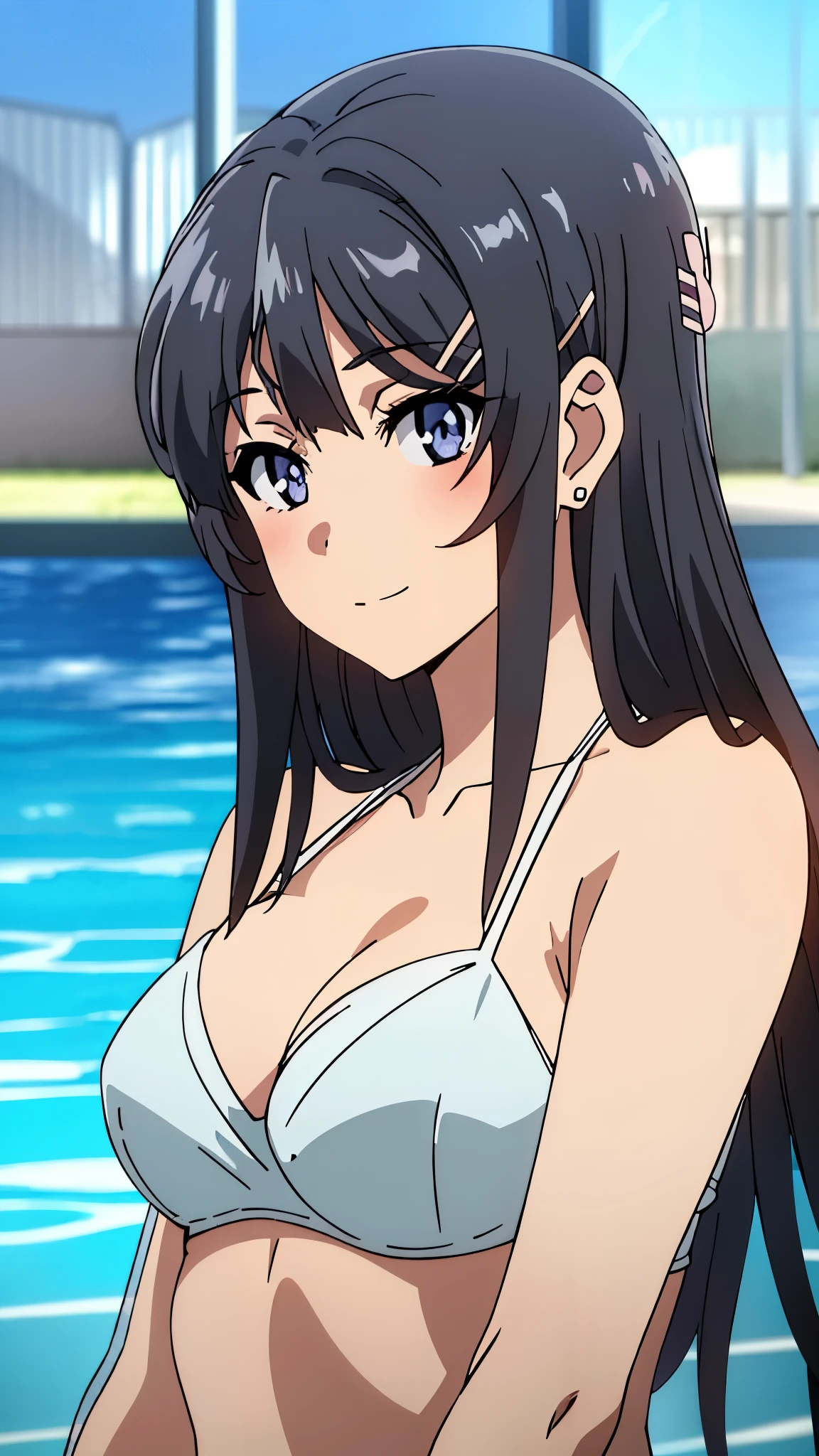 (highest quality:1.4), 8K resolution, Ultra HD, (High resolution:1.4), cinematic light, 1 girl, embarrassed face, very fine eyes,medium-sized chest、clear white skin, beautiful breasts, bikini, (cleavage:1.3), outdoor, swimming pool, Clear blue sky,blush、(looking at the viewer)、model pose、forced smile、MS、rabbit earrings