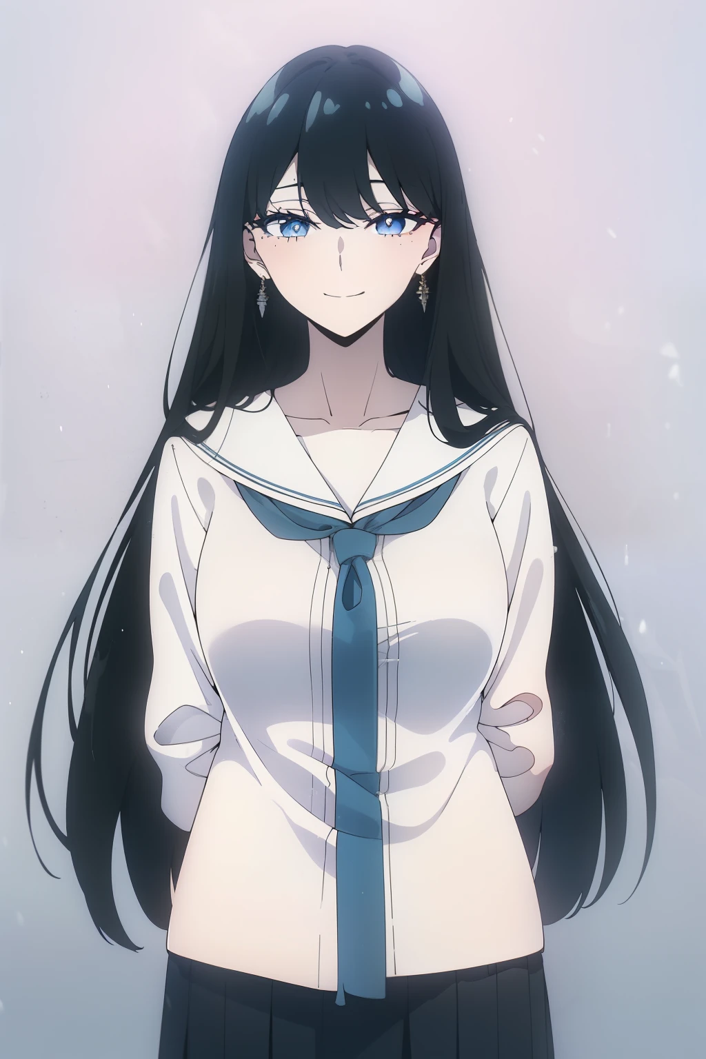 (Obra maestra, La mejor calidad, ultrahigh resolution), 1girl, standing, school uniform, white office shirt, black pleated skirt, ((light brown, light brown hair:0.7), long hair cut, pale skin, ((blue eyes)), glowing_eyes, neon eyes, (ultra detailed eyes, beautiful and detailed face, detailed eyes), ((centered)), smile, ((wide shot)), facing viewer, eye level, (blurry background, bright snowy background, winter), flat chested, looking at viewer, ((half closed eyes)), ((perfect hands)), (((head, arms, hips, elbows, in view))), ((hands behind back)), empty eyes, beautiful lighting, outside, outdoors, background, defined subject, 25 years old, (head tilt)