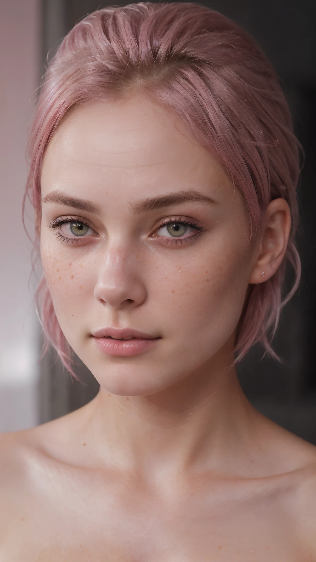 8k, RAW photo, highest quality),(epic realistic:1.5), a beautiful young girl face looking like Kiera Knightley, pink eyes, slim and young face (detailed eyes:0.8),(looking at the camera:1.4), (highest quality), (best shadow),intricate details,cinematic,((skin:1.4)),interior, (medium pink hair:1.3),dark studio,(hdr:1.5),detailed, muted colors, freckles