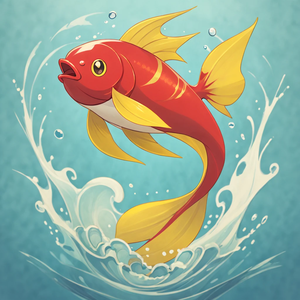 A bright red karp with yellow in the water flailing for all it is worth, in card art style