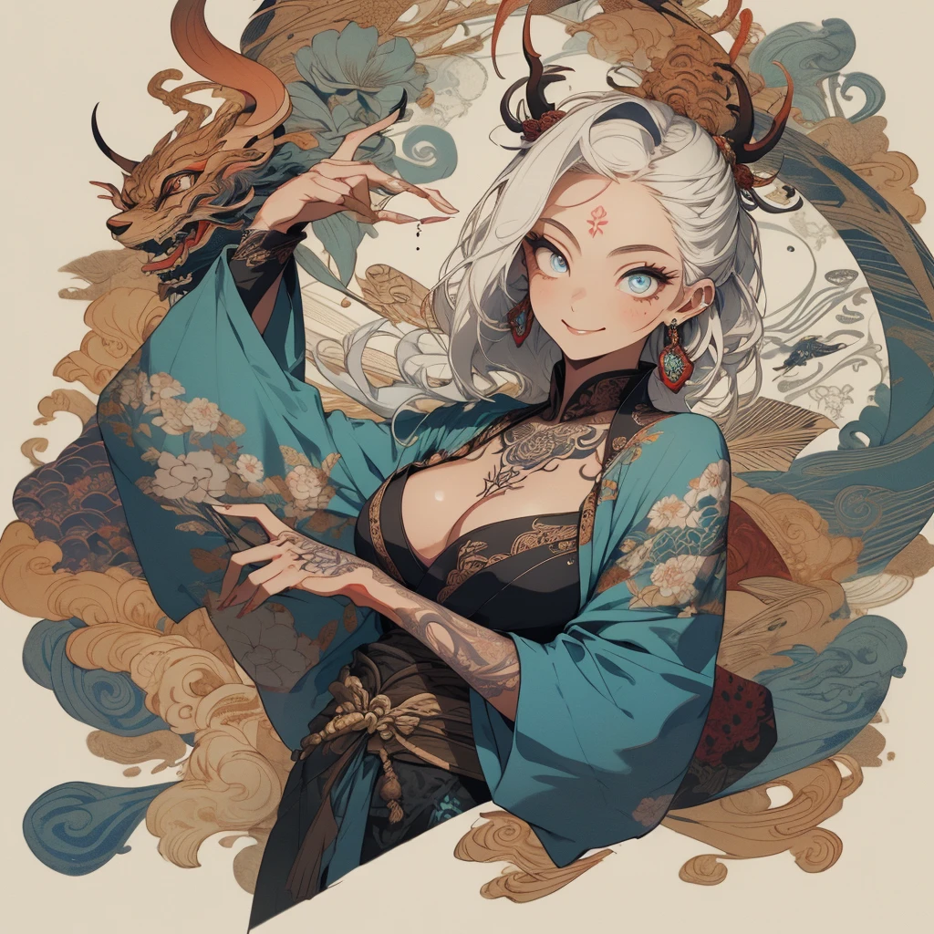 (((highest quality))),(((32k))),(((girl with tattoos))),very delicate face,(perfect physical beauty),(Super beautiful woman),Fancy hair color,earrings,(((big breasts))),(Emphasize cleavage),mandala,Geometric pattern,coat of arms,Detailed tattoo,(((detailed eyes))),Charm,The face is beautiful,background is white,smile,Japanese sculpture,stick out tongue,Bodhidharma,Yasa,Demon Fox,Japanese style,Buddha,detailed perfect arms,split tongue,