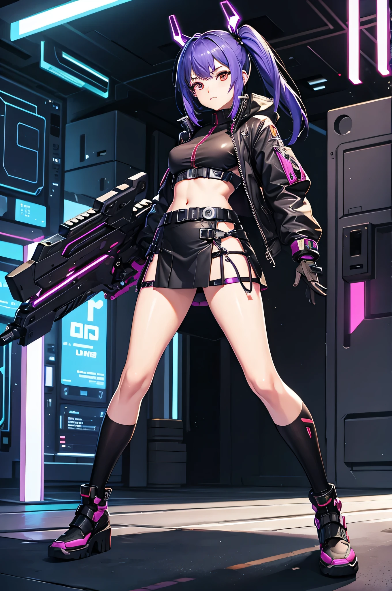 cyber punk。Full body illustration。mini skirt。Armed。