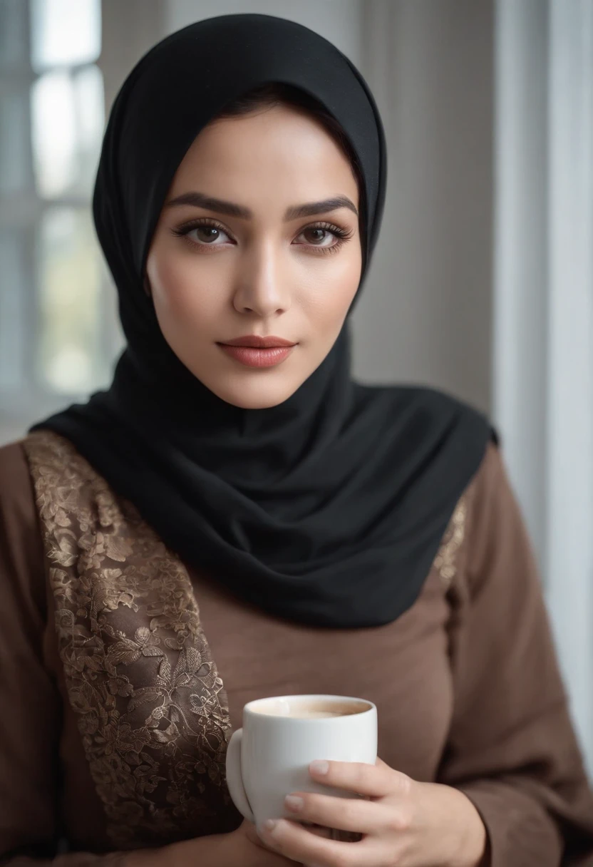 full body photo of a beautiful woman, 29 years old, originally from Indonesia wearing a long stylish brown and black hijab and black trousers, detailed face, perfectly proportional body. sitting pose facing the window, shady face, holding a coffee cup, white room and bed background, hyperrealistic, photorealistic, photography, Full HD 8K