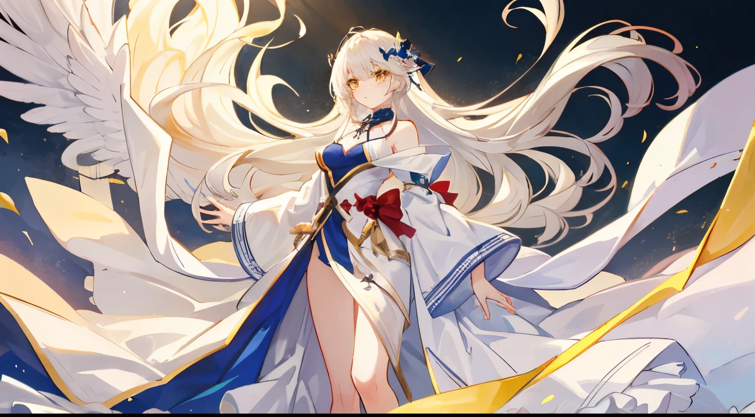 an extremely delicate and beautiful CG illustration, best quality, high resolution, dynamic angle, full-length shot, (1girl), yellow eyes and straight long white hair, floating, soft light, high-key lighting)