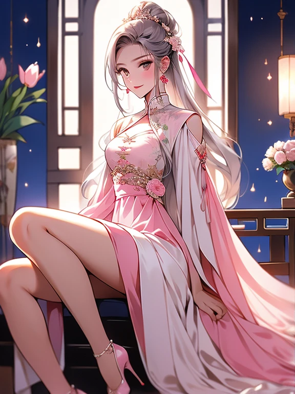 Chinese style, white hair, Chinese clothing, Tang Feng Hanfu, Hanfu, (((Pink and white dress)) ), Embroidery, Over the knee socks, high heels, Indoor, nudist, No Panties, Open your legs, Vaginal opening valgus, Small round breasts exposure to the side, Chest exposure, Scratching, Vaginal opening, Legs wide open, Scratching, Vaginal opening opening, Vaginal opening valgus