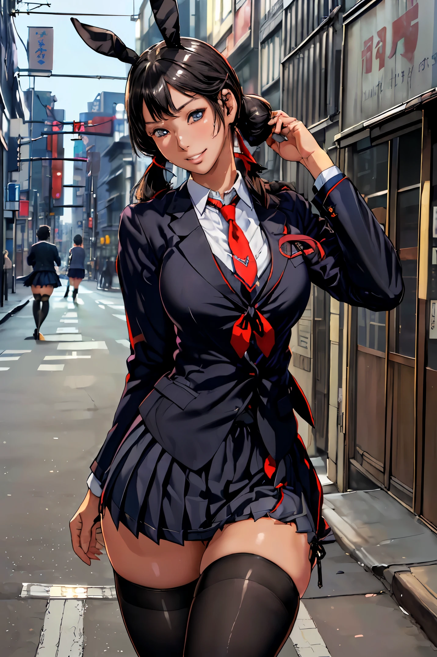 (masterpiece, top quality, best quality, official art, beautiful and aesthetic:1.2), extreme detailed, colorful, highest detailed ((ultra-detailed)), (high quality photo, 16k photo quality:1.4), ((an extremely delicate and beautiful)),(ultimate shiny skin, detailed skin, ultimate detailed face), beautiful detailed eyes, solo, outdoors,(shibuya \(tokyo\):1.3),many people, (sidewalk:1.3),standing, black hair, very long twintails, rabbit ears, blue eyes, (school uniform, schoolshirt, blazer, necktie, pleated skirt:1.5), school bag,(side tie panties,black thighhighs:1.4), grin, 