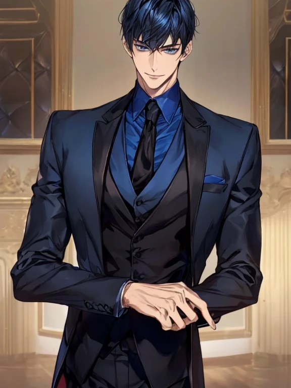 ((muste piece)), ((best quality)), ((brown skin)), ((dark blue eyes)), ((Dark blue hair))、handsome man , ((very very short hair)), masculine、tall、sexy、Adult man、Three white eyes、handsome man、firmly、muscular、broad shoulders、smile、wild、とてもwild、(((black suit))、Upper body、Daiki Aomine