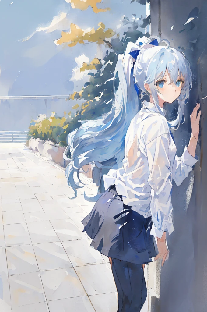 (Best quality, masterpiece), 1 girl, (female focus), Ahoge, blue and white hair, ((White shirt), (Overfit Shrit)), long hair, standing, ponytail, [[mild heterochromia]], White background
