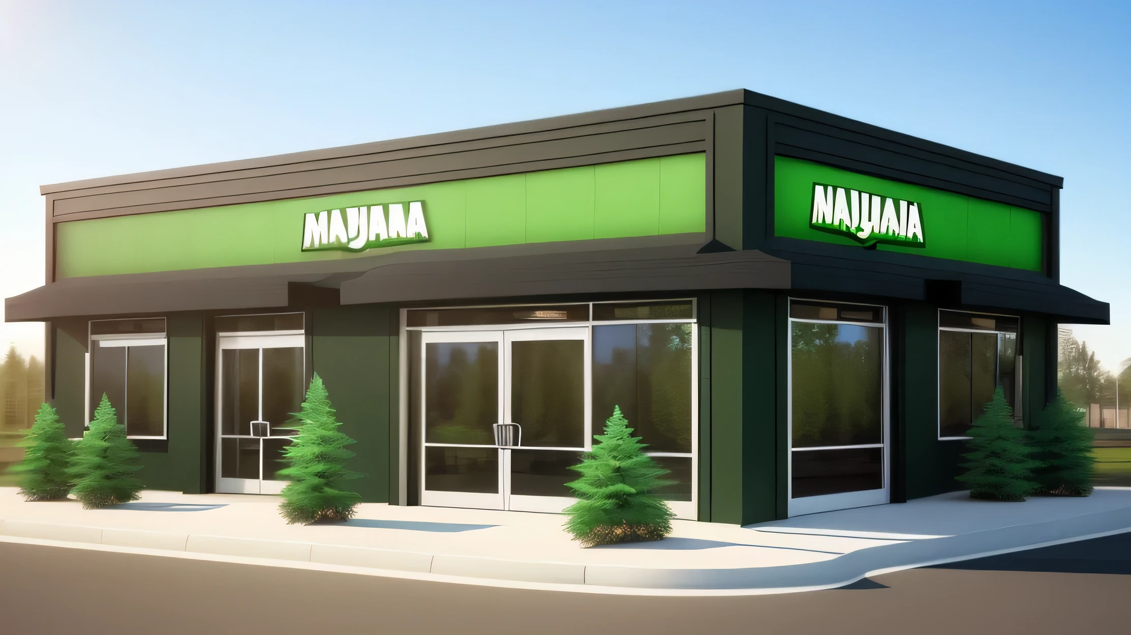 photo realistic marijuana dispensary building, full wide shot, a logo with marijuana plant on the front and sides, building isolated on a white background