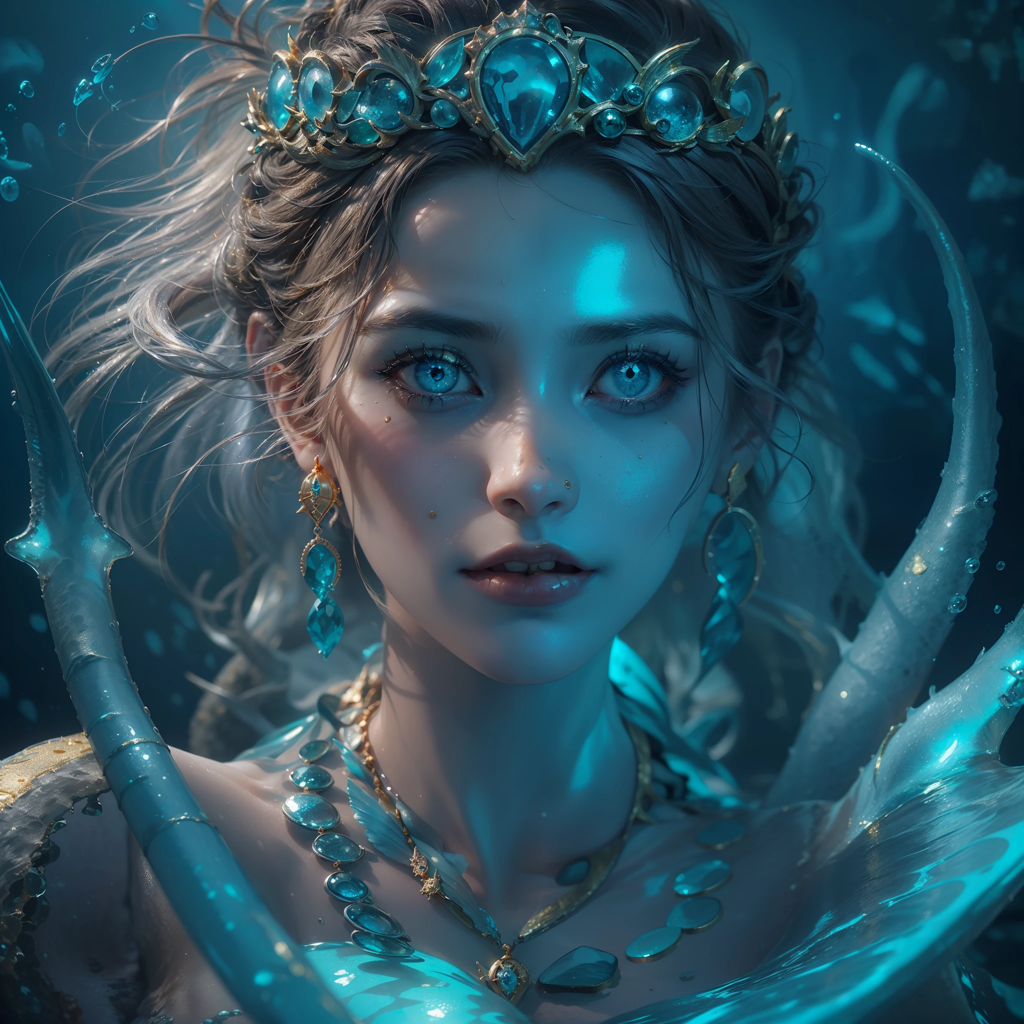 (award-winning masterpiece galore, incredibly detailed, textures and maximum detail), (full body view:1.6), (hyper realistic:1.4), (realistic:1.3), (upper body close-up:0.4), (many gold and silver treasures are sunken: 1.8), (top quality realistic textured skin ), (((underwater))), (deep sea:1.5), (dark sea at night:1.6)), (detailed true circle symmetrical eye-catching exquisite face, ((medieval world)), (full body view:1.6)), ((mermaid)), ((mermaid princesermaid nobility)), (eyes burning bright and icy), (( She has a mischievous smile on her face), (sunken ship with treasures :1.4), A temple sunken in a coral reef, ancient sunken city, sunken temple, sunken cathedral, sunken temple ruins, sunken detached temple, sunken ruins of an ancient castle, shining magnificent water and light, coral reef, (blue eyes shining in the dark :1.5), (pair of ice blue eyes with intense blue light from within:1.5), (bioluminescence:1.5), (full body view:1.6), (swirling water and currents in background), (dramatic light), (magnificent scene), (her expression gentle and beautiful), glass earrings in ears, (dramatic photograph:1.4), (( dramatic pose)), (gorgeous photograph), (beautiful hair), (full-length view:1.6), ((looking up)), ((looking down)), (elaborately crafted necklace around her neck), (bright sparkling bioluminescence:1.3), (flashy hydro magic used:1. 2), (beautiful fish around), (glowing magic circle:1.5), (full body view:1.6), epic realistic, faded, art, (Greg Rutkowski:0.8), (teal and orange:0.4), (art station:1.5), cinematic, ((neutral colors)), (HDR:1.5), ( Subdued colors:1.2), Highly detailed, Dramatic light, (Complex details:1.1), Complex background, (Candlelight glow:1.3)