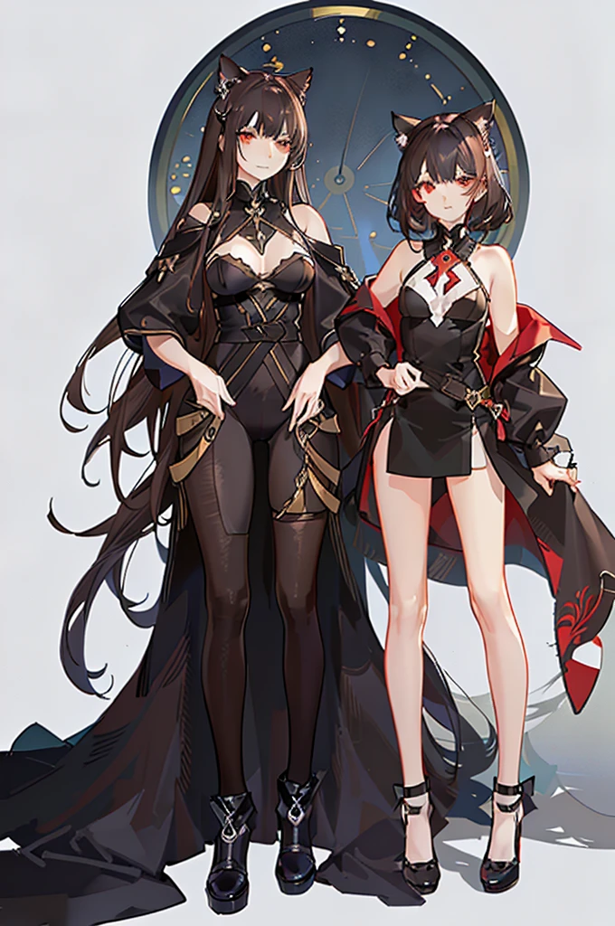 Ahoge, dyed inner hair, blunt bangs, side tail, Shiny hair, eye gradient, slit pupils, Red eyes, cat's ears, chemonomic mode, inexpressive, Brown hair, reference sheet, rococo style, high detail, anatomically correct, Super Detail