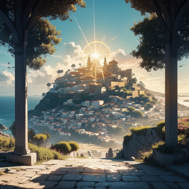 Descreva uma cena vibrante e ensolarada da cidade de Calez vista de um morro elevado, under the unique atmosphere of an RPG-style world. No horizonte distante, the sun sheds its golden light over a beautiful city, cercada por um porto movimentado. Ao redor das margens, barracas coloridas criam um mosaico animado de aromas e cores, while the port is the setting for majestic and intriguing warships.

Impressive ships anchor alongside more modest vessels, Each one telling its own story. Piratas audaciosos preparam suas frotas para aventuras, adding a spark of intrigue to the panorama. A cidade, com suas estruturas encantadoras e ruas movimentadas, reflects prosperity mixed with an air of mystery.

The surrounding trees sway gently in a steady breeze. The sky, profundo e azul, is decorated with white clouds that offer soft shadows to the scene. The atmosphere is one of constant excitement and activity, with the sun shining highlighting every detail. This panoramic view reveals a Calez that is not just a city, but a richly developed scenario, where the trade, war and adventure intertwine into an unforgettable tapestry.