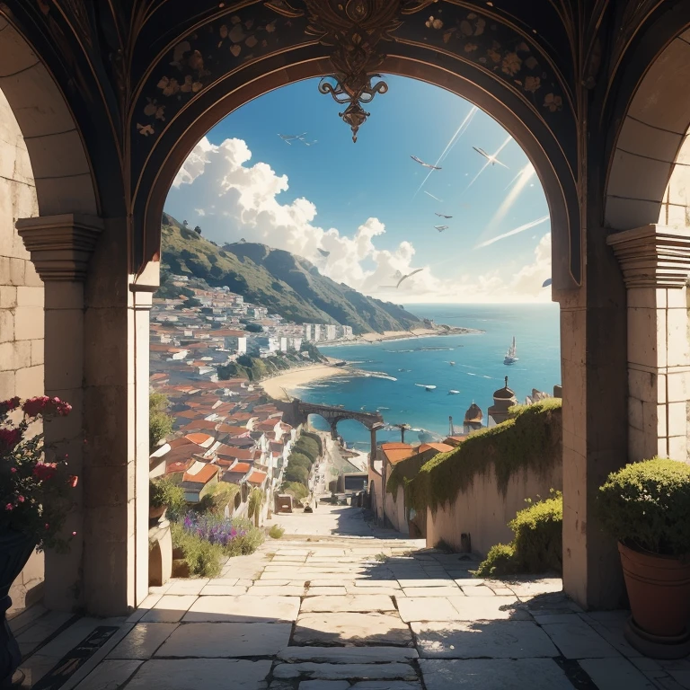 Descreva uma cena vibrante e ensolarada da cidade de Calez vista de um morro elevado, under the unique atmosphere of an RPG-style world. No horizonte distante, the sun sheds its golden light over a beautiful city, cercada por um porto movimentado. Ao redor das margens, barracas coloridas criam um mosaico animado de aromas e cores, while the port is the setting for majestic and intriguing warships.
Impressive ships anchor alongside more modest vessels, Each one telling its own story. Piratas audaciosos preparam suas frotas para aventuras, adding a spark of intrigue to the panorama. A cidade, com suas estruturas encantadoras e ruas movimentadas, reflects prosperity mixed with an air of mystery.
The surrounding trees sway gently in a steady breeze. The sky, profundo e azul, is decorated with white clouds that offer soft shadows to the scene. The atmosphere is one of constant excitement and activity, with the sun shining highlighting every detail. This panoramic view reveals a Calez that is not just a city, but a richly developed scenario, where the trade, war and adventure intertwine into an unforgettable tapestry.