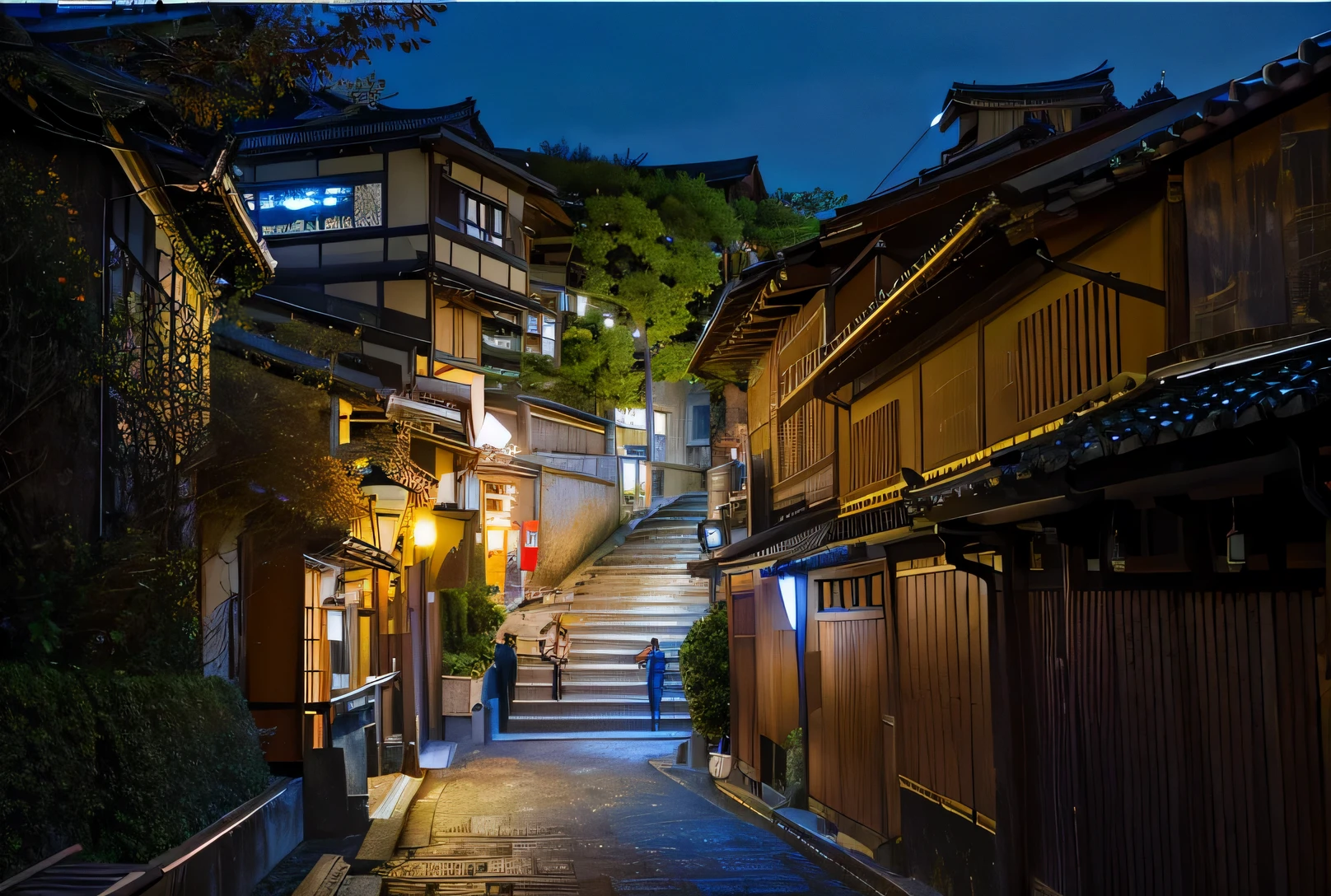 Alafer Alley,Stairs lead up to a building,kyoto japan setting, kyoto, japanese city at night, in a japanese town at night, kyoto inspired, japanese town, street japan, quiet tokyo alley at night, japan at night, Japan city, shutter inventory, japanese downtown, Ancient Japanese architecture, ancient city streets behind her