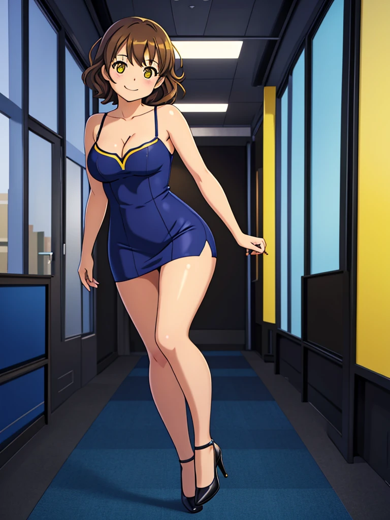 perfect anime illustration, 1 girl, solo, brown hair, short wavy hair, yellow eyes, smiling, bare shoulders, bare arms, beautiful, cleavage, strapless blue skin-tight dress, black high heels, indoor office building background, daytime, walking, highres, full body, bare legs