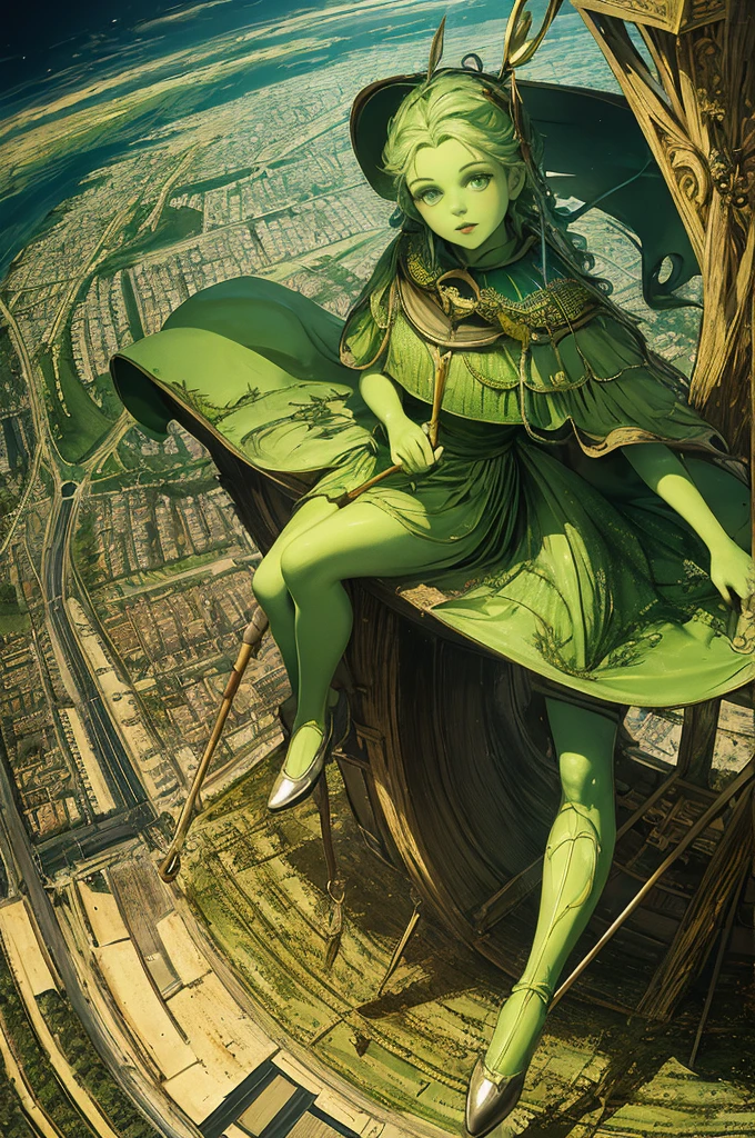 (masterpiece, Best quality), 8K wallpaper, very detailed, poster, The Wizard of Oz, Oz the Great and Powerful Wizard, green skin, flying broom, Form, lines, abstract, propaganda, fantasy film, bauhaus, movie poster, Vintage, low angle shot,