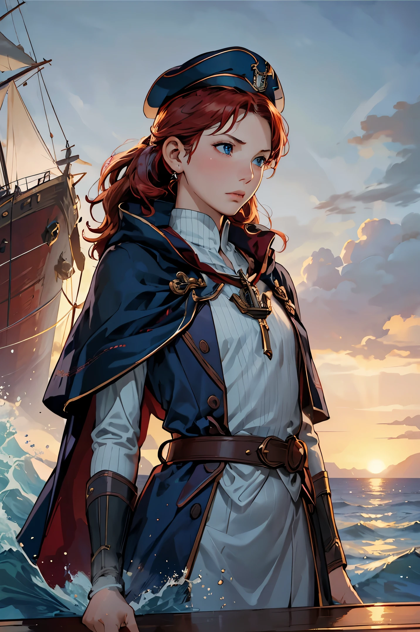 (A small chest:1.2),(masterpiece, best quality:1.2),(beautiful,  perfect, delicate, intricate:1.1),1 girl,adult  woman,light blue eyes,copper half-up half-down hairstyle,solo,upper body,looking down,detailed background,ship captain,serious,dark red captain uniform,elegant cloak,captain hat,decorations,dynamic pose,on deck of ship,anchor,dawn,dramatic lighting,epic atmosphere,waves on the horizon,