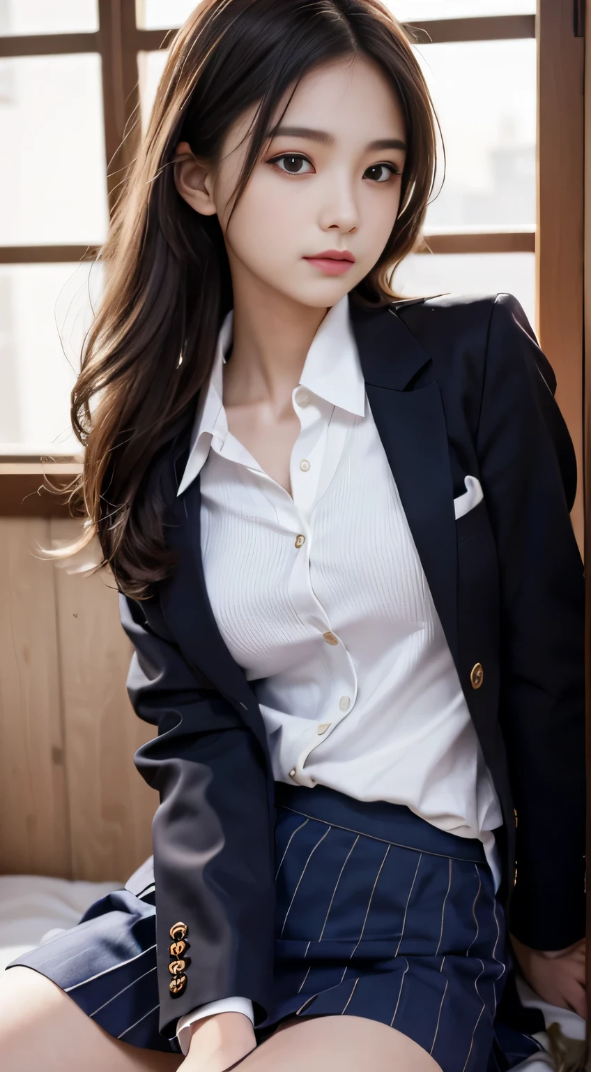 muste piece、best quality、illustration、 Super detailed、fine details、 High resolution、8K Dende Wallpaper、perfect dynamic composition、 beautiful girl、Neat junior highl girl、detailed beautiful face、detailed beautiful eyes、textured skin、faint smile、small breasts、bold sexy pose、School Blazer Uniform、