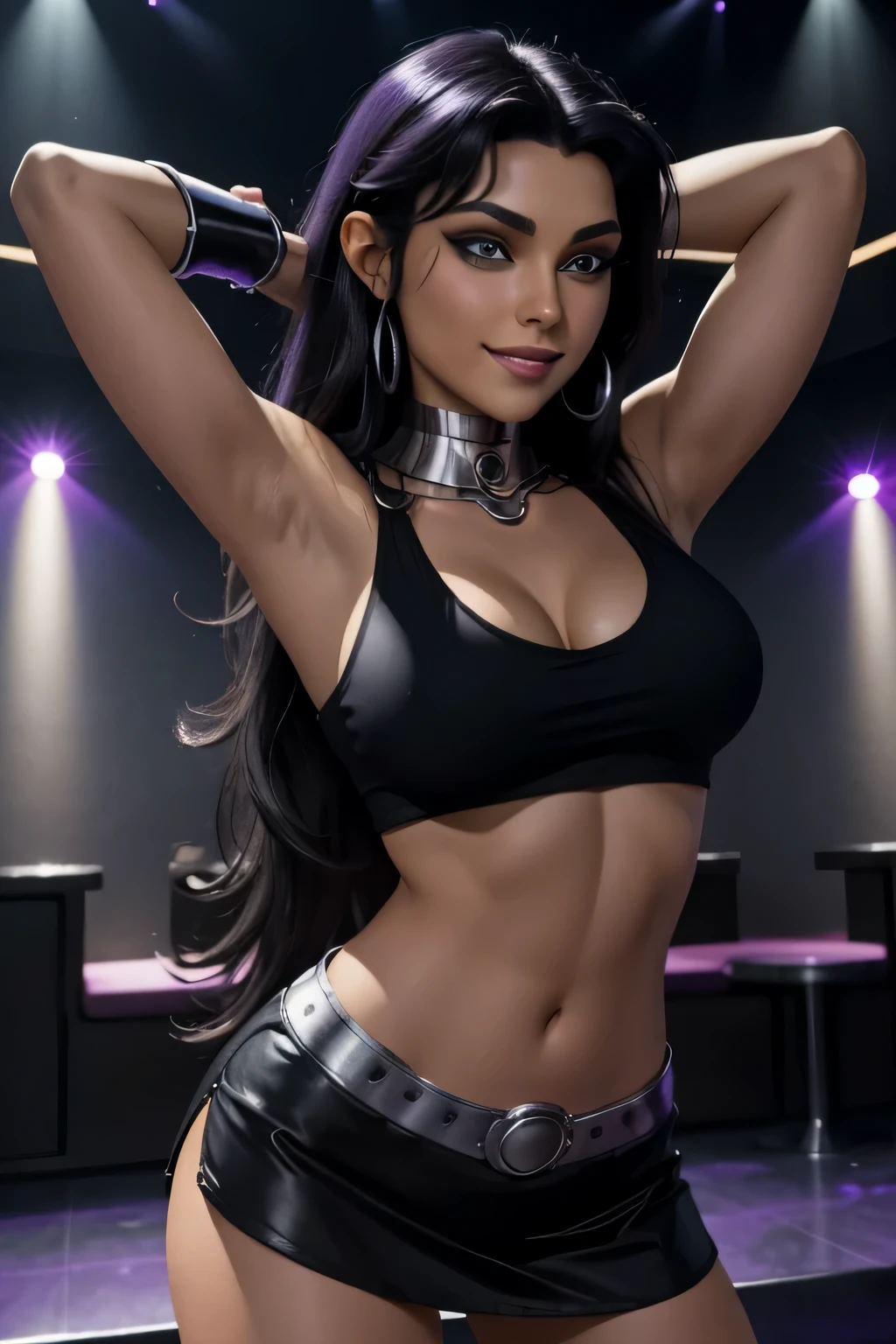 blackfire dancing in a club, long hair, black crop top, black short miniskirt, toned body, eyeshadow, heavy makeup, upperbody focus, big lips, teenager, big boobs, cleavage, thighs, smile, seductive, arms up, hands behind head, armpit,metal collar, silver vambraces, 