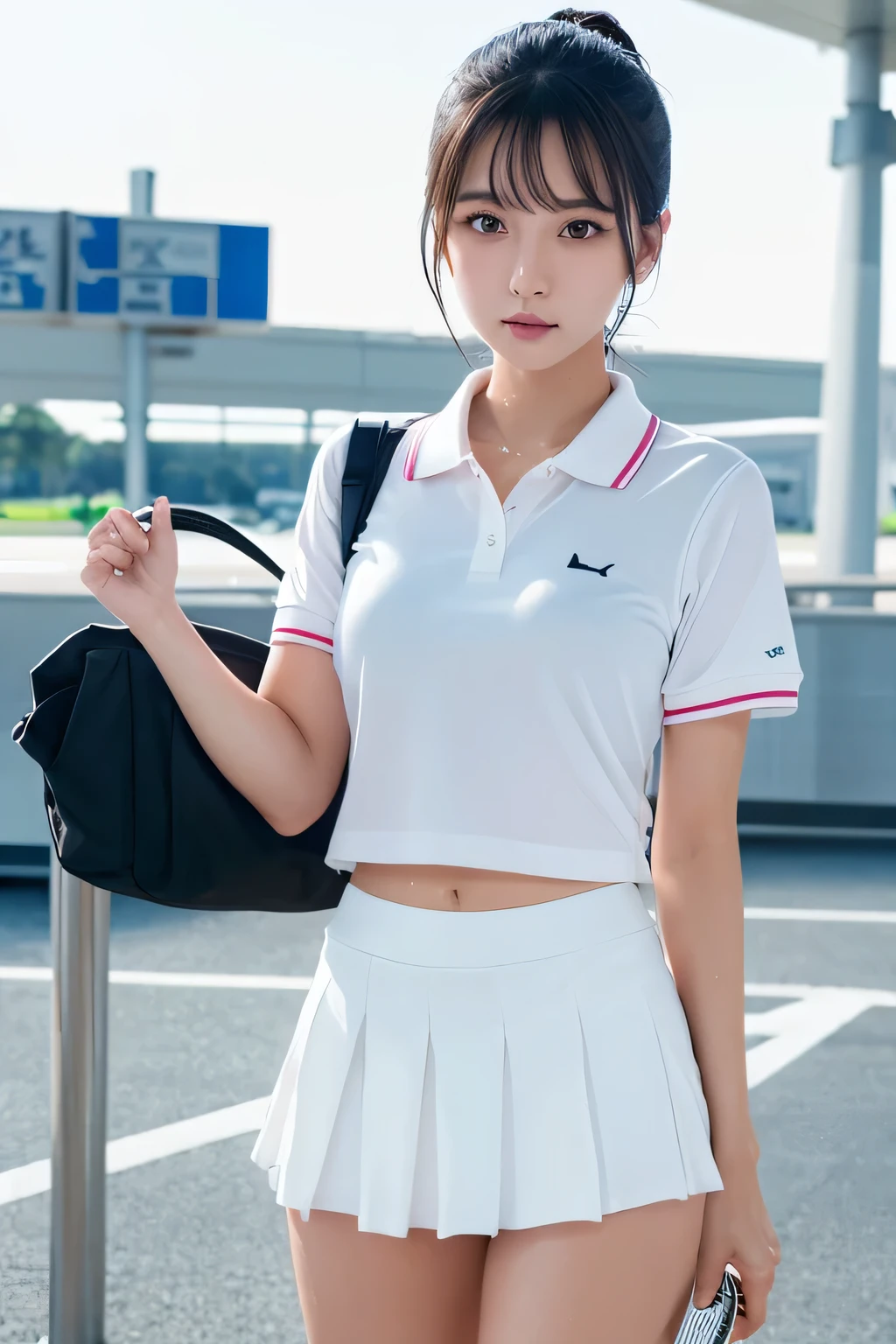1girl, solo, white polo shirt, white sneakers, tennis wear, white miniskirt, masterpiece, best quality, realistic, hyper-detailed, (shiny skin, sweaty:1.4), absurd, looking at viewer, short black hair, brown eyes, slender, dynamic lighting, high resolution, sharp focus, depth of field, detailed eyes, sharp pupils, realistic pupils, (small breasts:1.6), (thick thighs:1.0), outdoor, sky