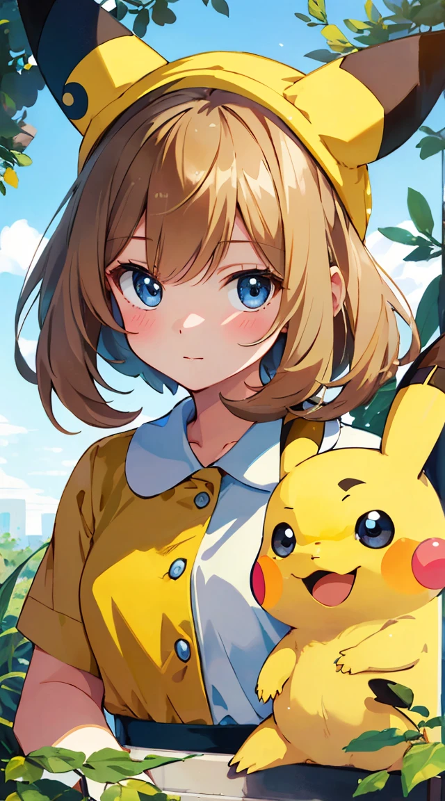 ((best quality)), ((masterpiece work)), (detailed), full body portrait (1:1), perfect face, delicate face, girl, 18세 girl, Pokémon, Pikachu, anthropomorphism, anthropomorphism, personify