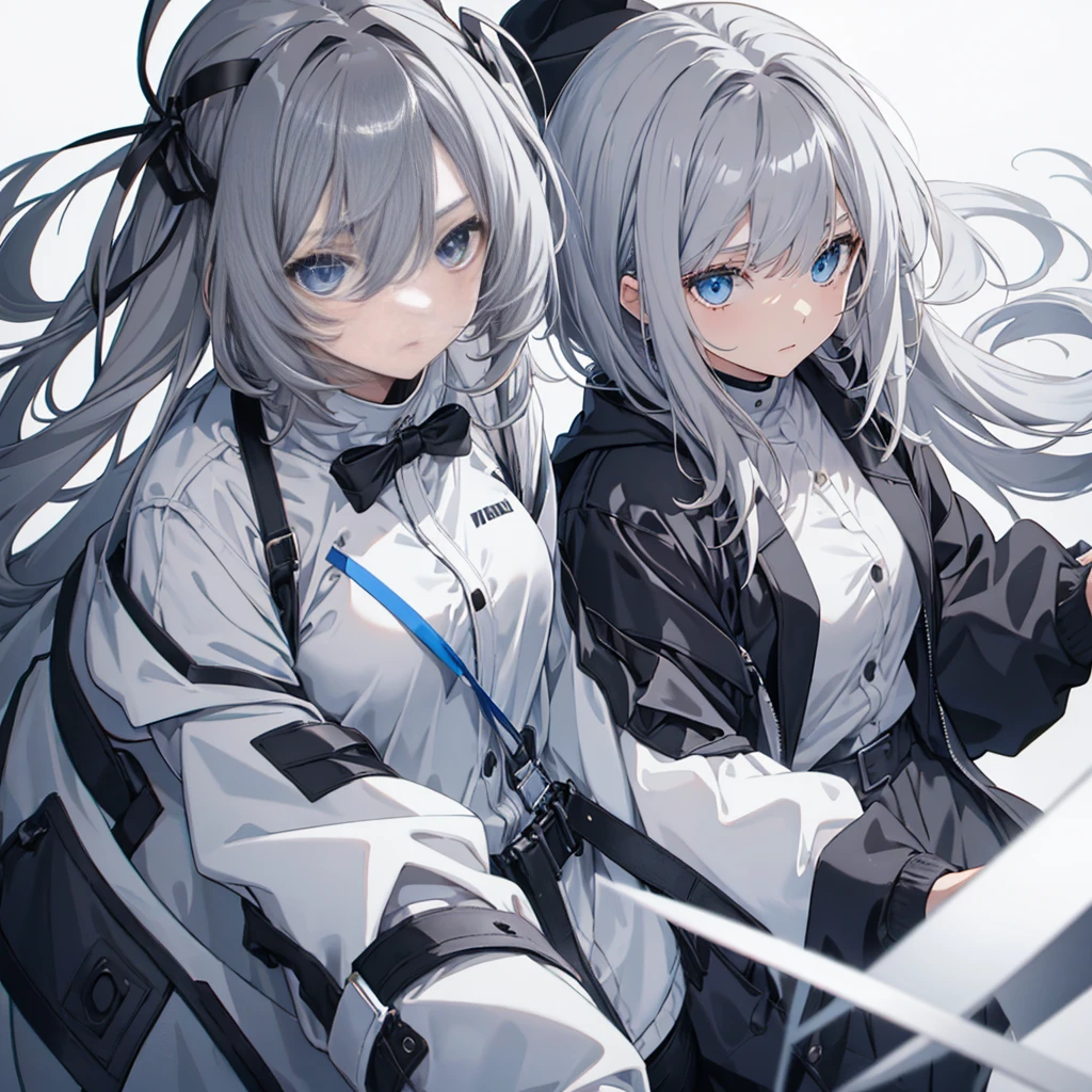 【top quality, table】 [1 girl, coat, expressiveness, front side, (gray hair:1.5),Straight hair, short hair,(Blue eyes:1.3), oversize black jacket, black skirt, Jacket off, big breasts,Upper body] (Gray and white background:1.5),