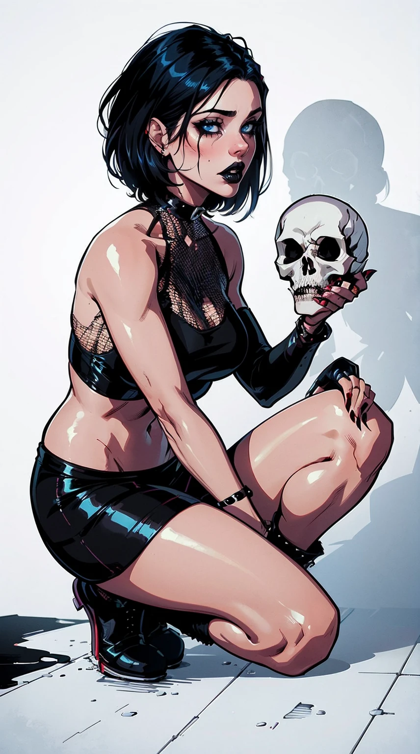 a woman with short black hair, hair on shoulders,  wearing a black cropped  and plaid skirt, blue eyes, zombie art, gothic art, cute aesthetic with vibe, toon aesthetic, wearing red costume, wearing gothic accessories, look like Cassie Hack, whole body, on his knees  ,on his knees holding a skull in his hand, white background