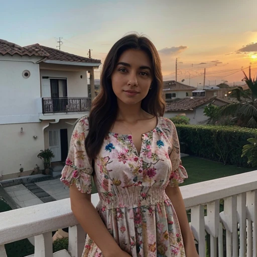 Mujer latina, between 25 to 30 years. Modelo de instagram. With a dress with flower design fabric. Sentada en la terraza de una casa en medio del atardecer. Foto tomada con un celular y realista