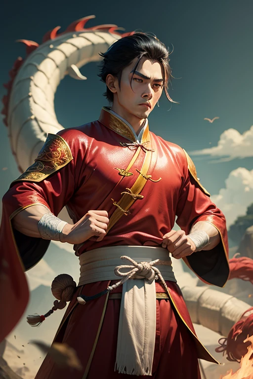1boy,Wuxia,Dragon,Saturated composition,Retro Color,Serious,punching,Cartoon characters,中国盔甲,有坐骑
