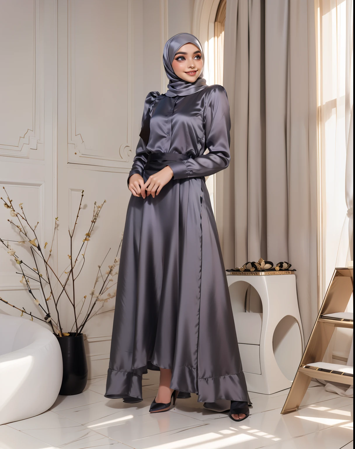 Character Design - a beautiful hijab girl character, beautifully makeup, eyeshadow, Parted Lips, detailed eyes, beautiful big eyes, long eye lashes, smile,. She's dresses (Black satin hijab)), loosely tide hijab style, ((Gray satin shirt)), Black satin long pario. (Framing:head to thigh), front views