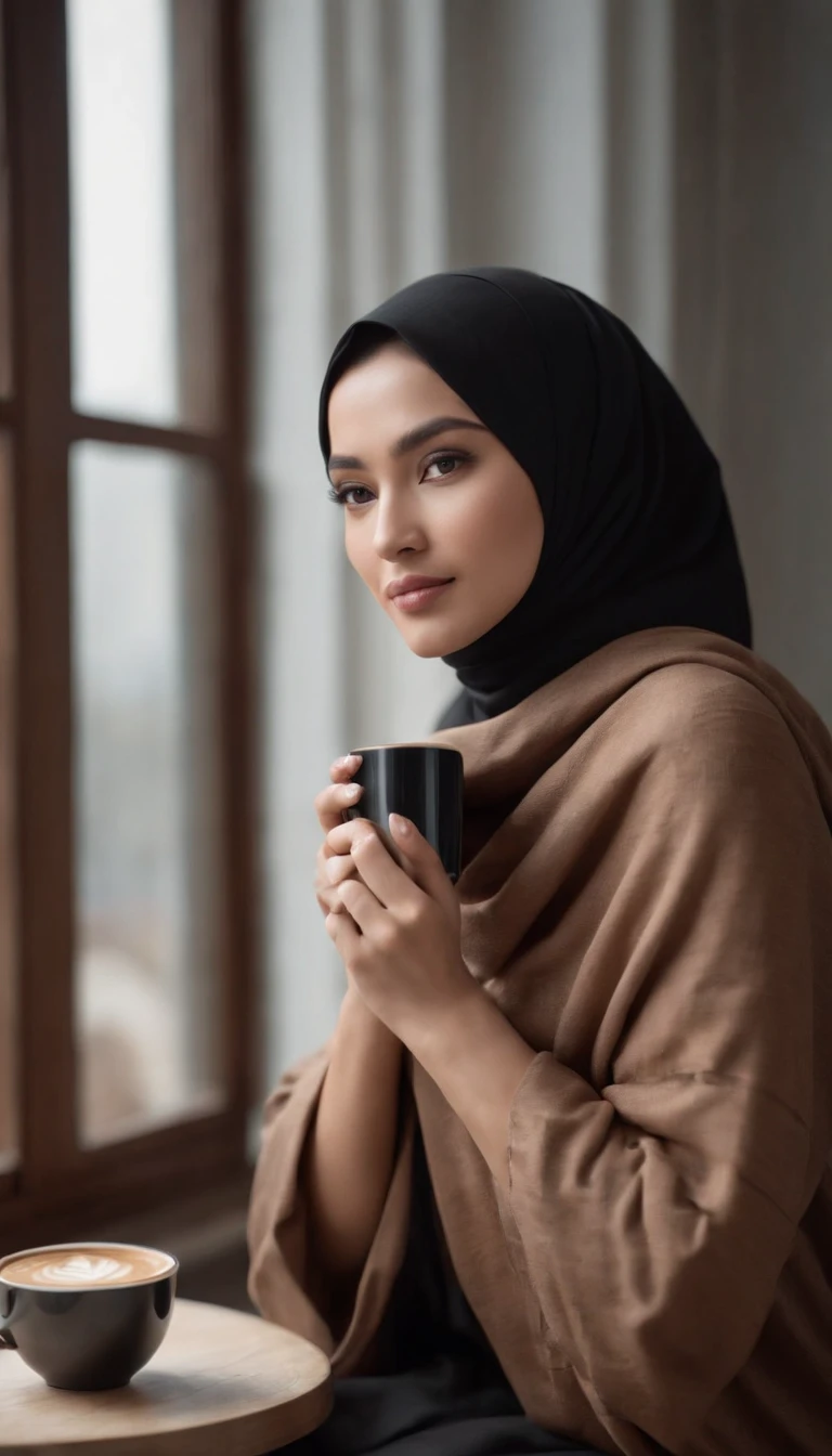 full body photo of a beautiful woman, 29 years old, originally from Indonesia wearing a long stylish brown and black hijab and black trousers, detailed face, perfectly proportional body. sitting pose facing the window, shady face, holding a coffee cup, white room and bed background, hyperrealistic, photorealistic, photography, Full HD 8K